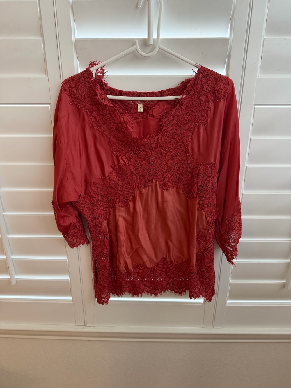 Anthropologie Red/Orange Lace-Trim Peasant Blouse